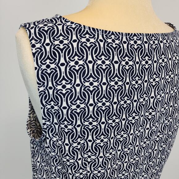Talbots Front Knot Blouse Size L Blue White Geo Print Sleeveless Mature Office - Picture 8 of 16